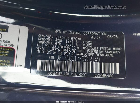 JF1ZDBE17S9702149 2025 SUBARU BRZ Purple Vista del compartimento del motor