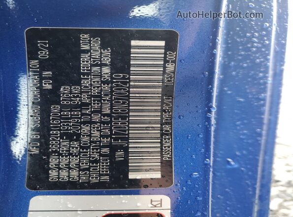 JF1ZDBE18N9700219 2022 SUBARU BRZ Blue Widok komory silnika
