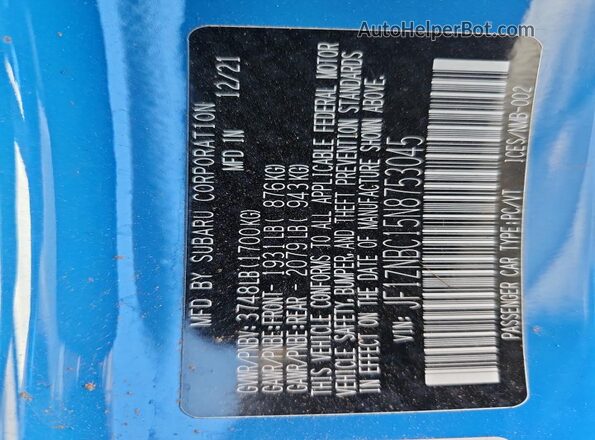 JF1ZNBC15N8753045 2022 TOYOTA GR Blue VIN კოდის სტიკერის ხედი