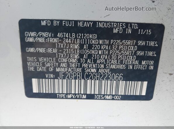 JF2GPBLC2GH223066 2016 SUBARU CROSSTREK HYBRID White Вид підкапотного простору