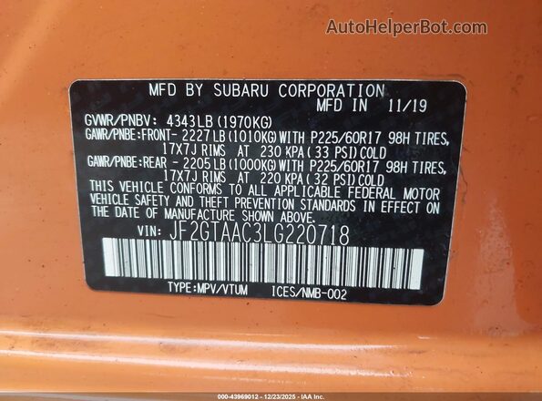 JF2GTAAC3LG220718 2020 SUBARU CROSSTREK Orange Вид підкапотного простору