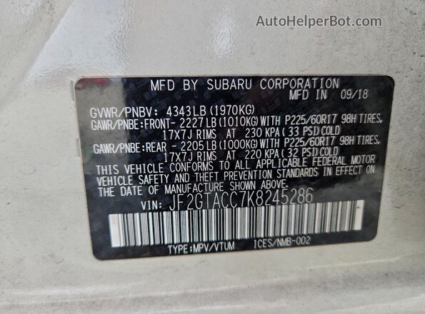 JF2GTACC7K8245286 2019 SUBARU CROSSTREK Белый Панорамный вид салона 360°