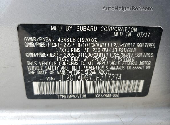 JF2GTADC7JH217274 2018 SUBARU CROSSTREK Silver VIN კოდის სტიკერის ხედი