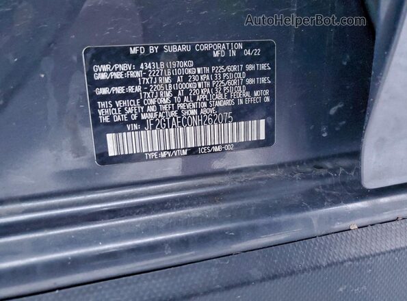 JF2GTAEC0NH262075 2022 SUBARU CROSSTREK Charcoal Vista de la etiqueta del VIN