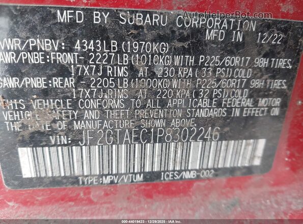 JF2GTAEC1P8302246 2023 SUBARU CROSSTREK  ძრავის განყოფილების ხედი