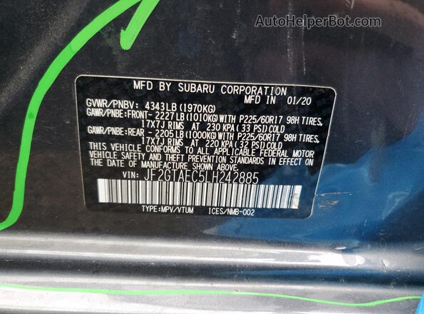 JF2GTAEC5LH242885 2020 SUBARU CROSSTREK Gray Вид наклейки з VIN-кодом