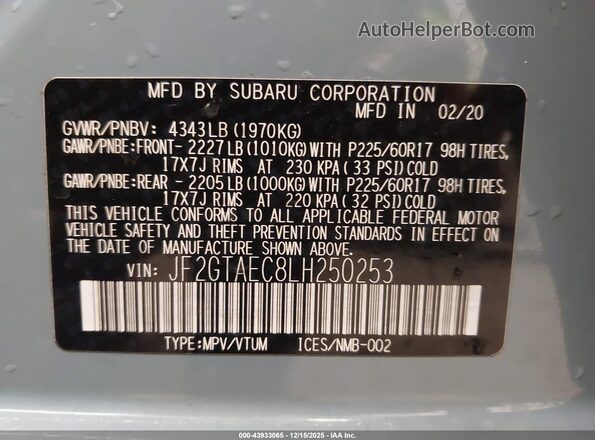 JF2GTAEC8LH250253 2020 SUBARU CROSSTREK Gray Շարժիչի բաժամունքի տեսք