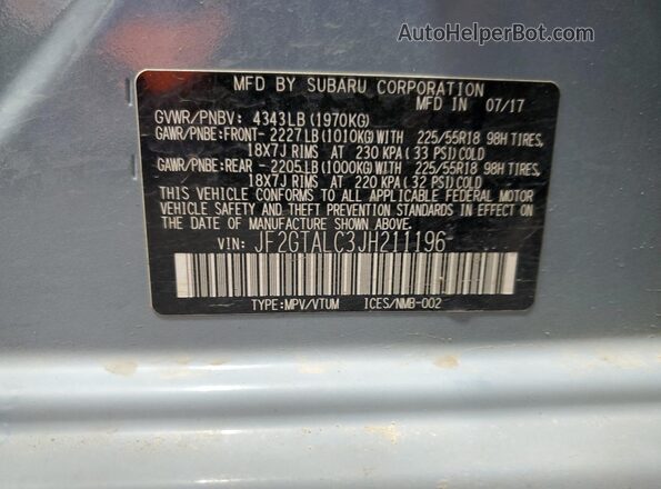 JF2GTALC3JH211196 2018 SUBARU CROSSTREK Blue VIN կոդի պիտակի տեսք