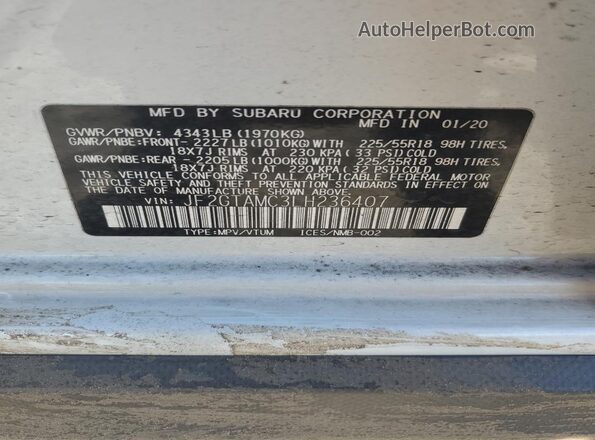 JF2GTAMC3LH236407 2020 SUBARU CROSSTREK White Շարժիչի բաժամունքի տեսք