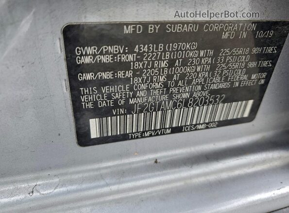 JF2GTAMC6L8203532 2020 SUBARU CROSSTREK Серебряный Вид наклейки с VIN-кодом