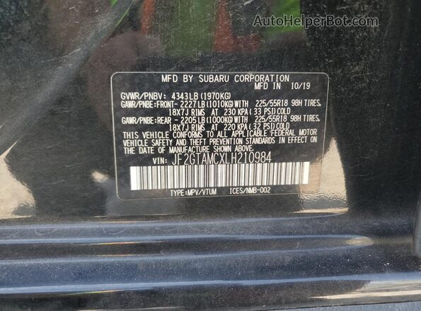 JF2GTAMCXLH210984 2020 SUBARU CROSSTREK Black VIN კოდის სტიკერის ხედი