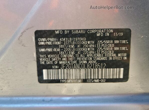 JF2GTANC0L8218512 2020 SUBARU CROSSTREK Silver VIN sticker view