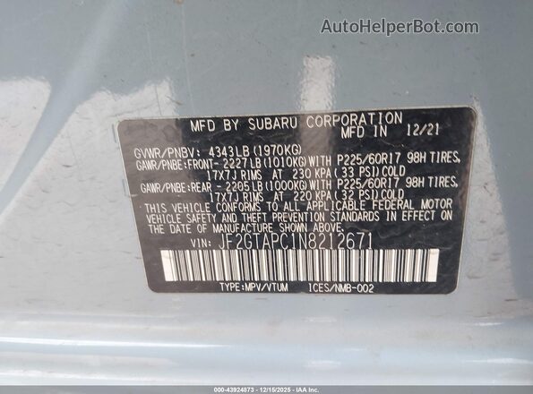 JF2GTAPC1N8212671 2022 SUBARU CROSSTREK Blue Widok komory silnika