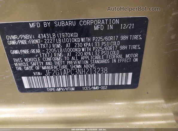 JF2GTAPC3NH213238 2022 SUBARU CROSSTREK Green Widok komory silnika