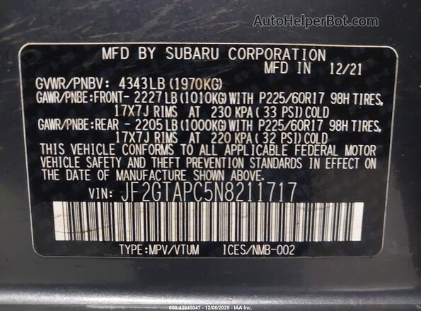 JF2GTAPC5N8211717 2022 SUBARU CROSSTREK Gray Շարժիչի բաժամունքի տեսք