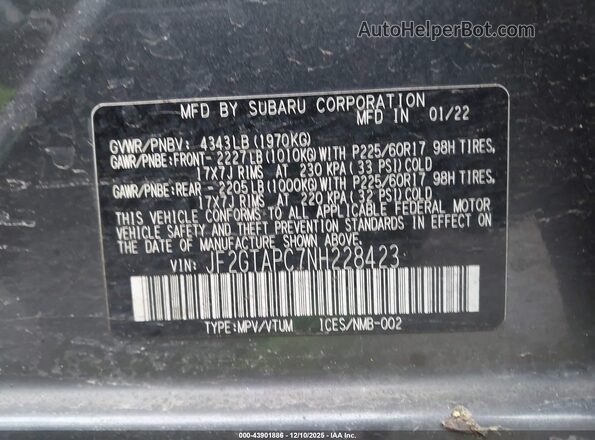JF2GTAPC7NH228423 2022 SUBARU CROSSTREK Gray Vista del compartimento del motor
