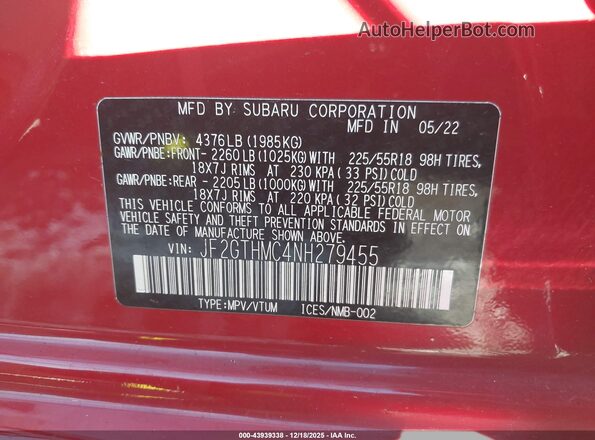 JF2GTHMC4NH279455 2022 SUBARU CROSSTREK Red Vista del compartimento del motor