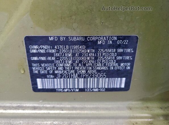 JF2GTHMC7PH239065 2023 SUBARU CROSSTREK Green Vista de la etiqueta del VIN