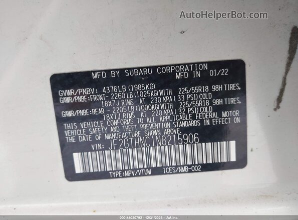 JF2GTHNC1N8215906 2022 SUBARU CROSSTREK Белый Вид подкапотного пространства