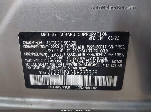 JF2GTHSC3NH273326 2022 SUBARU CROSSTREK Silver Vista del compartimento del motor