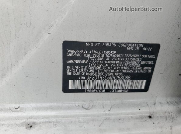 JF2GTHSC6NH268086 2022 SUBARU CROSSTREK White Widok naklejki z numerem VIN
