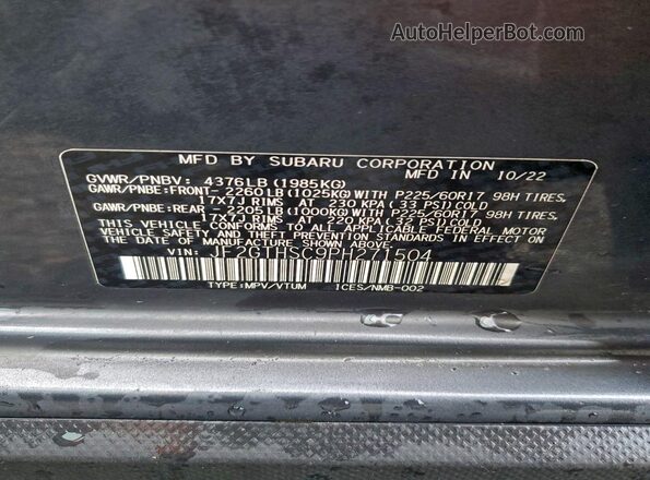 JF2GTHSC9PH271504 2023 SUBARU CROSSTREK Gray VIN sticker view