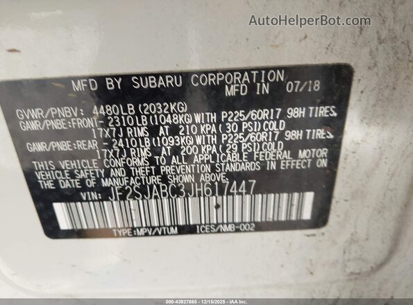 JF2SJABC3JH617447 2018 SUBARU FORESTER 2.5 White 