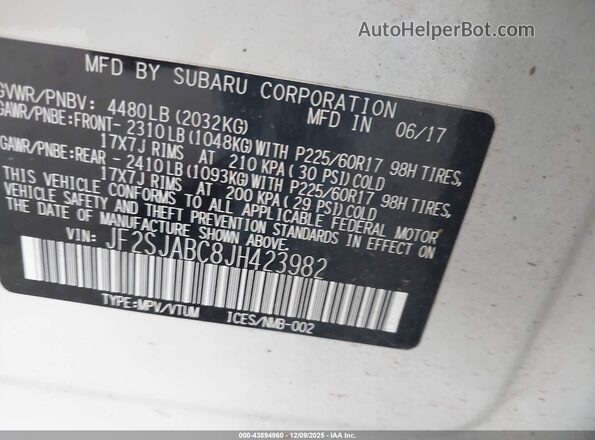 JF2SJABC8JH423982 2018 SUBARU FORESTER 2.5 Белый Вид подкапотного пространства