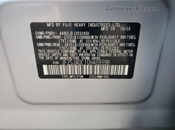 JF2SJADC1GH469398 2016 SUBARU FORESTER 2.5 Серебряный Вид наклейки с VIN-кодом