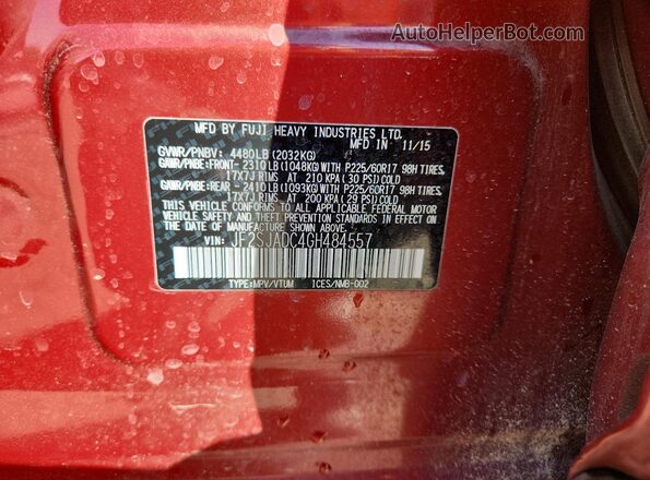 JF2SJADC4GH484557 2016 SUBARU FORESTER 2.5 Red Vista de la etiqueta del VIN