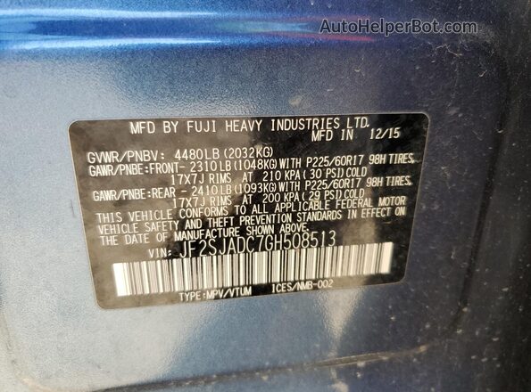 JF2SJADC7GH508513 2016 SUBARU FORESTER 2.5 Синий Вид наклейки с VIN-кодом