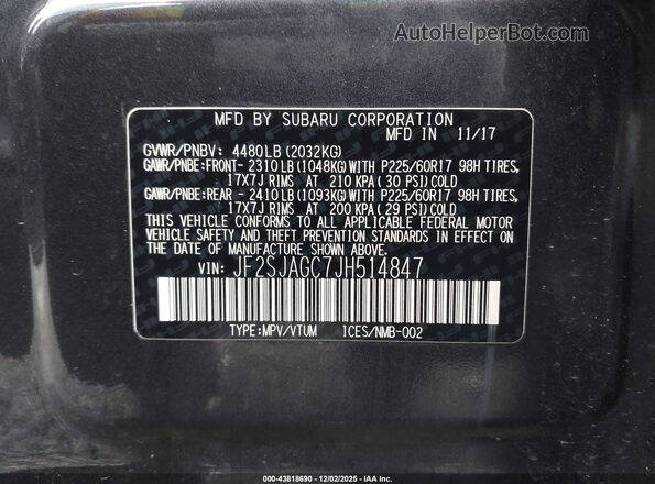 JF2SJAGC7JH514847 2018 SUBARU FORESTER 2.5 Серый 