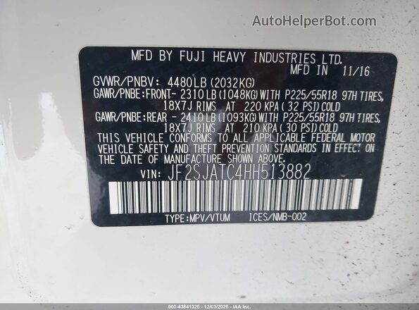 JF2SJATC4HH513882 2017 SUBARU FORESTER 2.5I TO Белый Вид подкапотного пространства