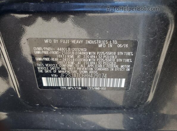 JF2SJATC6HH429174 2017 SUBARU FORESTER 2.5I TO Серый Вид наклейки с VIN-кодом