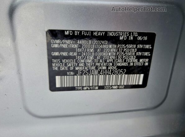 JF2SJAWC4HH428052 2017 SUBARU FORESTER 2.5I TO Silver 
