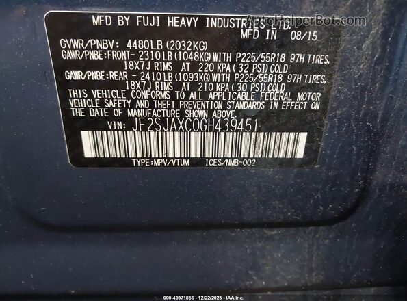 JF2SJAXC0GH439451 2016 SUBARU FORESTER 2.5I TO Синий 