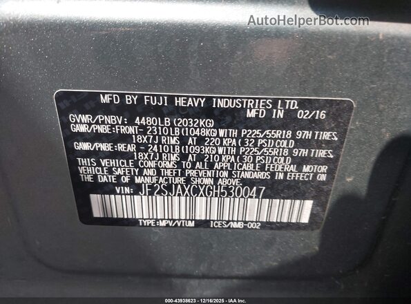 JF2SJAXCXGH530047 2016 SUBARU FORESTER 2.5I TO Gray ძრავის განყოფილების ხედი