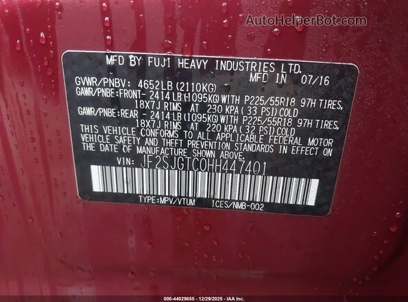 JF2SJGTC0HH447401 2017 SUBARU FORESTER2. Red Շարժիչի բաժամունքի տեսք