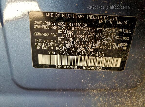 JF2SJGTC3HH425456 2017 SUBARU FORESTER2. Blue ძრავის განყოფილების ხედი