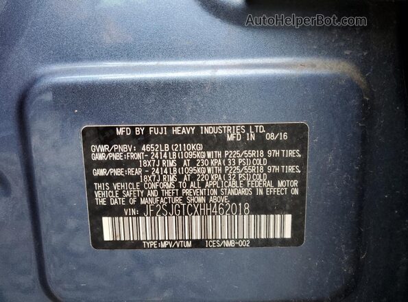 JF2SJGTCXHH462018 2017 SUBARU FORESTER2. Blue Engine compartment view