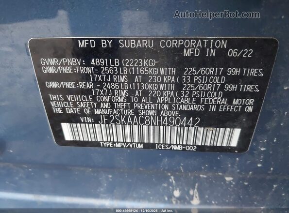 JF2SKAAC8NH490442 2022 SUBARU FORESTER Blue Вид підкапотного простору