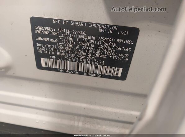 JF2SKACC8NH436474 2022 SUBARU FORESTER Белый Вид подкапотного пространства