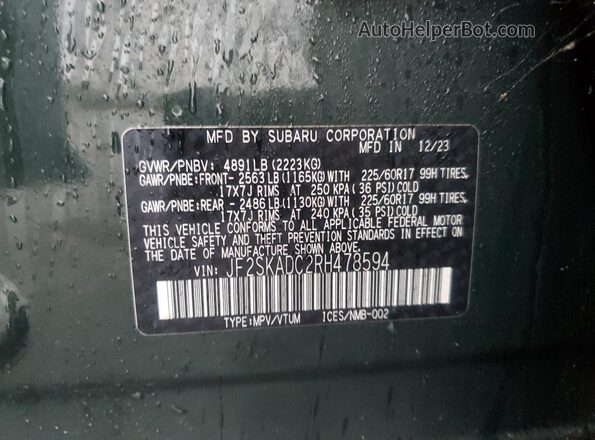 JF2SKADC2RH478594 2024 SUBARU FORESTER Green Вид наклейки з VIN-кодом