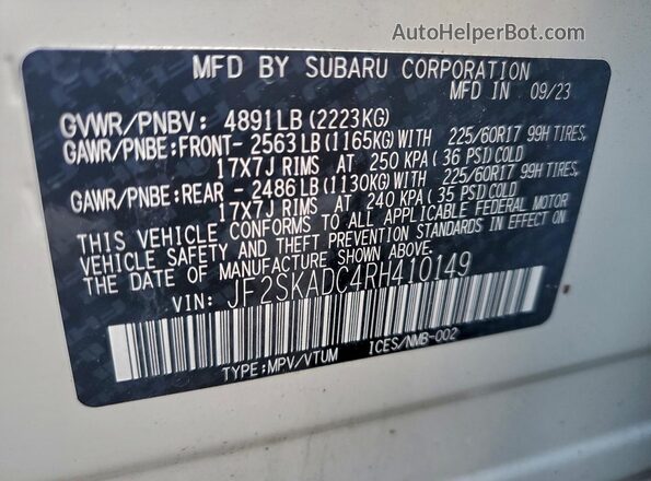 JF2SKADC4RH410149 2024 SUBARU FORESTER Белый Панорамный вид салона 360°