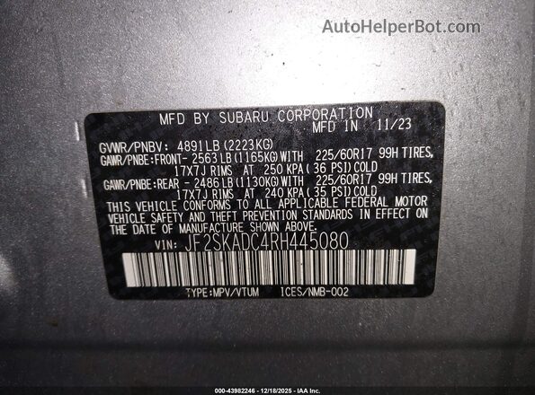 JF2SKADC4RH445080 2024 SUBARU FORESTER Silver Engine compartment view