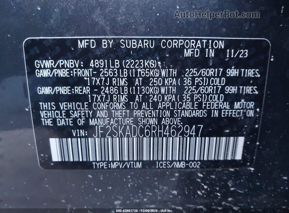 JF2SKADC6RH462947 2024 SUBARU FORESTER Серый Вид подкапотного пространства
