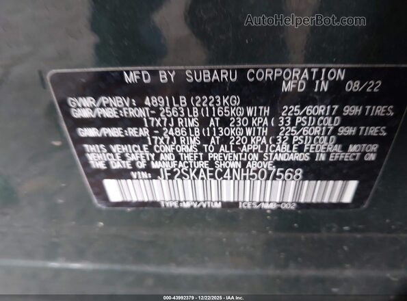 JF2SKAEC4NH507568 2022 SUBARU FORESTER Green Widok komory silnika