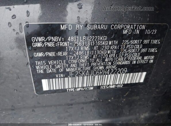 JF2SKAJC6RH422209 2024 SUBARU FORESTER Gray Widok komory silnika