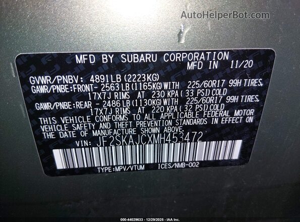 JF2SKAJCXMH453472 2021 SUBARU FORESTER Зеленый 