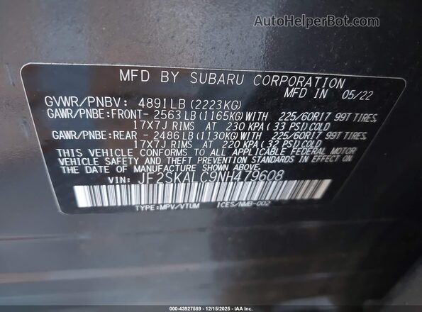 JF2SKALC9NH479608 2022 SUBARU FORESTER Серый Вид подкапотного пространства